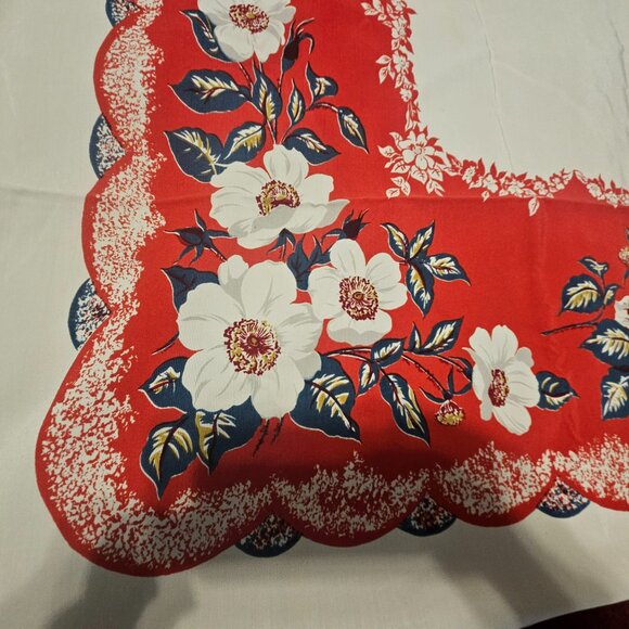 vintage beautiful tablecloth  red border with floral pattern approx 62x51 - Picture 4 of 7